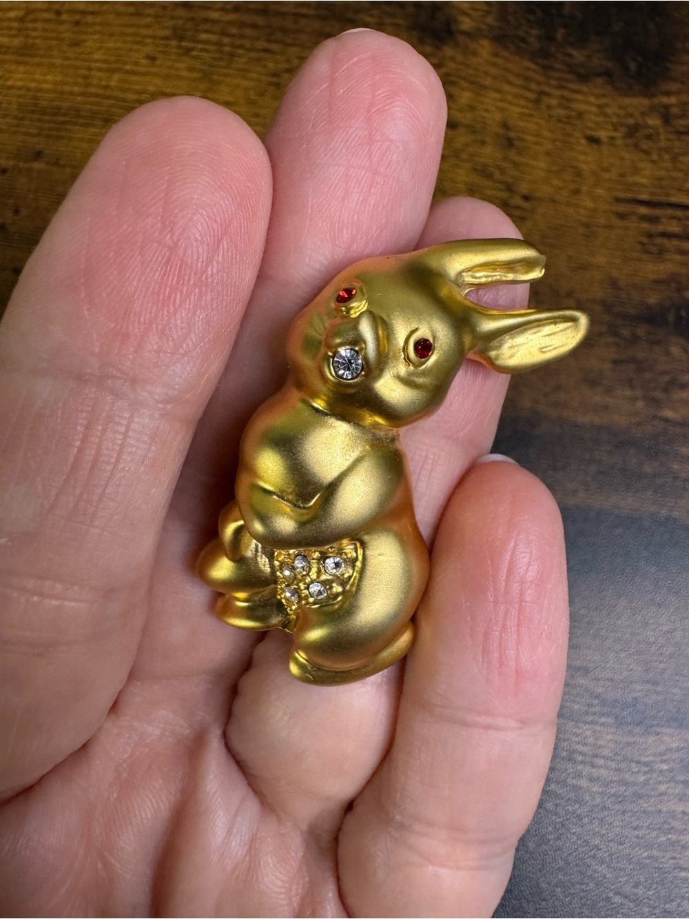 Vintage Gold Bunny Brooch with Red and Clear Rhinestones